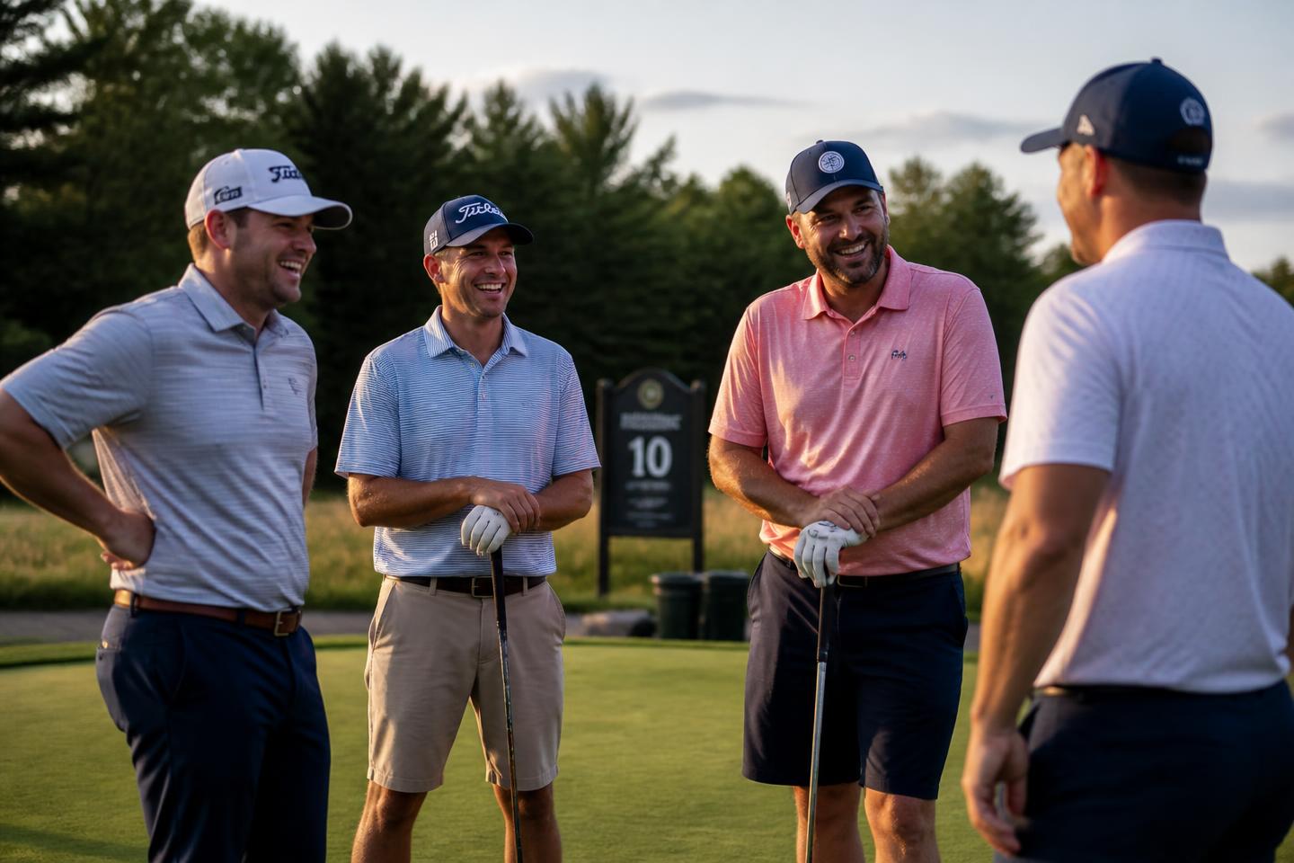 A group of golfers talking beside the first tee in warm evening light